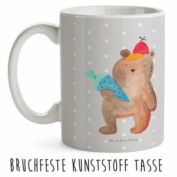 Mr. & Mrs. Panda Kinderbecher "Bär mit Schultüte - Grau Pastell - Schulanfang, Trinkbecher, Teddy, Camping Becher, Grundschule, Schulbeginn, Bär Motiv, Kunststoff Tasse, Teddybär", Kunststoff