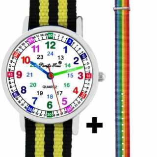 Pacific Time Quarzuhr "Armbanduhr Jungen Lernuhr Textil Wechselarmband schwarz gelb 12920", + farbenfrohes Regenbogen Armband - Gratis Versand
