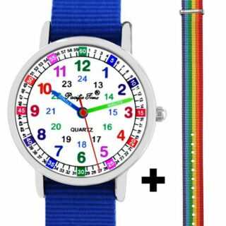 Pacific Time Quarzuhr "Kinder Armbanduhr Jungen Lernuhr Textil 2 Durchzugsband royal blau 12929", + hübsches buntes Regenbogen Armband - Gratis Versand