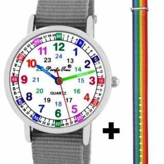 Pacific Time Quarzuhr "Kinder Armbanduhr Jungen Lernuhr Textil 2 Wechselarmband grau 12926", + buntes Armband - Gratis Versand