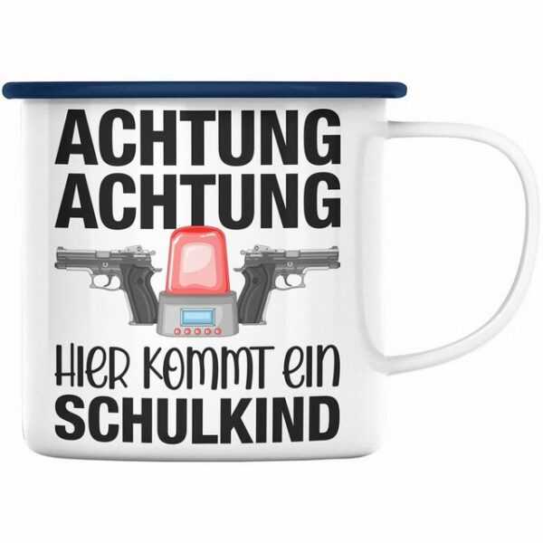 Trendation Thermotasse "Trendation - Einschulung Junge Achtung Schulkind Geschenk für Schultüte Füllung Emaille Tasse Schulstart 1. Schultag Schuleinführung Schulanfang Geschenkidee 2022"