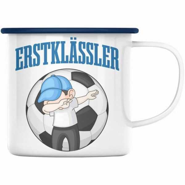 Trendation Thermotasse "Trendation - Einschulung Junge Geschenk für Schultüte Füllung Emaille Tasse Schulstart 1. Schultag Schuleinführung Schulanfang Geschenkidee Schulkind Jungs Fussball"