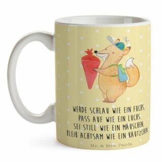 Mr. & Mrs. Panda Tasse Fuchs Schulkind - Gelb Pastell - Geschenk, gute Laune, Tiere, Kaffeeb, Keramik