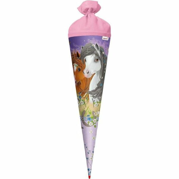 Roth Schultüte Blumenpferde mit Glitter, 70 cm, rund, rosafarbiger Filzverschluss, Zuckertüte für Schulanfang