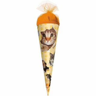 Roth Schultüte Katzenparty, 35 cm, rund, orangefarbiger Tüllverschluss, Zuckertüte für Schulanfang