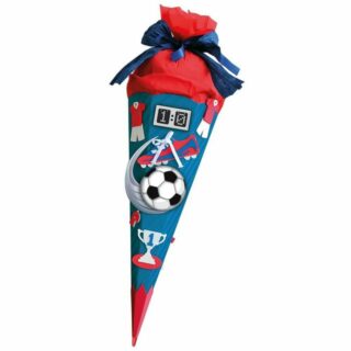 Roth Schultüte Soccer / Fußball, 68 cm, eckig, mit rotem Kreppverschluss, Zuckertüte zum Basteln, Blau