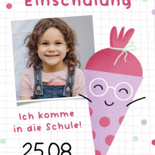 Einladung Einschulung lustige Schultüte lila