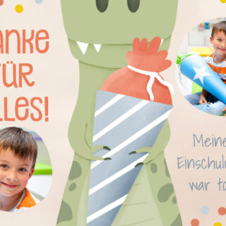 Foto-Dankeskarte zur Einschulung Dino mit Schultüte