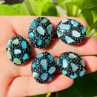 5pcs High Quality Light Blue Stone Black Rhinestone Pave Oval Focal Beads Spacers for Women Bracelet Necklace Making Jewelry DIY