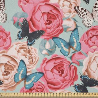 Abakuhaus Stoff DIY Bastler Stoff für Dekorationszwecke, Bunt Peony Rose Schmetterlinge