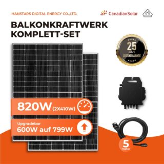 Balkonkraftwerk, 820W Canadian Solar PV-Module, 600/799W Ausgang mit APsystems WR, AC-Kabel, APP