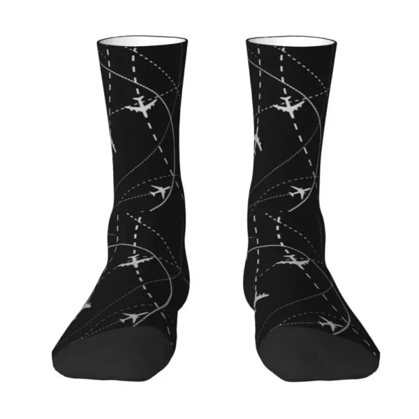 Cute Men's Pilot Aircraft Night Flight Routes Dress Socks Unisex Breathbale Warm 3D Print Air Traffic Controllers Crew Socks