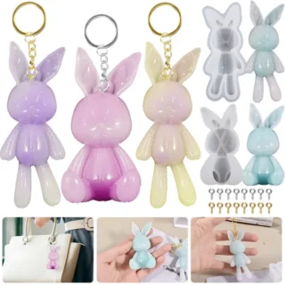 DIY 3D Cute Rabbit Shape Keychain Silicone Mold Easter Bunny Jewelry Charm Necklace Pendant Epoxy Resin Mould Bag Ornament