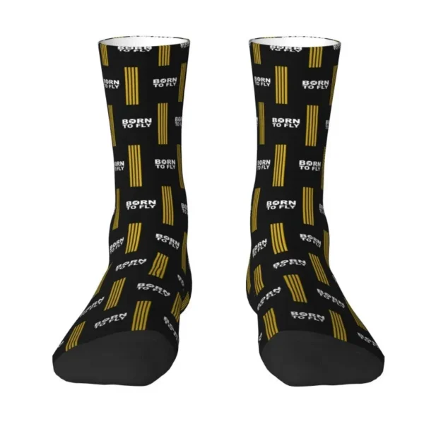 Fun Men's Born To Fly Captain Stripes Flight Pilot Dress Socks Comfortable Warm 3D Printed Aviation Aviator Airplane Crew Socks