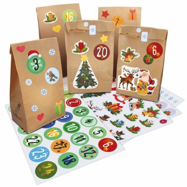 GRAVURZEILE Adventskalender DIY Adventskalender 2023 zum Befüllen (25 Tüten aus Kraftpapier), 24 Zahlen & 120 Sticker Aufkleber