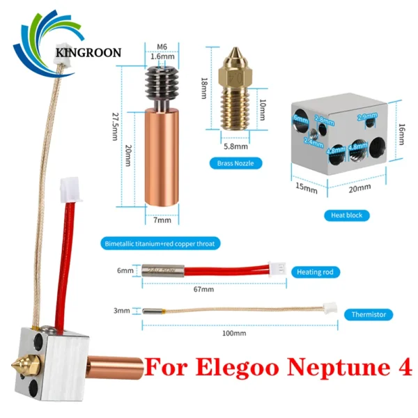 Hotend Kit For Elegoo Neptune 4 For 3D Printer Upgraded Copper Pipe Metal Heater Block Brass Nozzle Heating Rod Thermistor