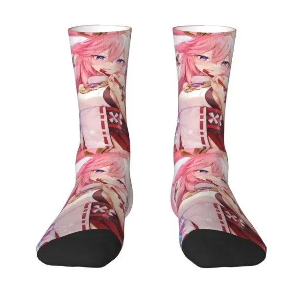 Kawaii Men's Cute Yae Miko Genshin Impact Dress Socks Unisex Breathbale Warm 3D Printed Crew Socks