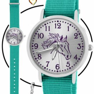 Pacific Time Quarzuhr Set Kinder Armbanduhr Pferd violett Wechselarmband und Kette, Mix und Match Design - Gratis Versand