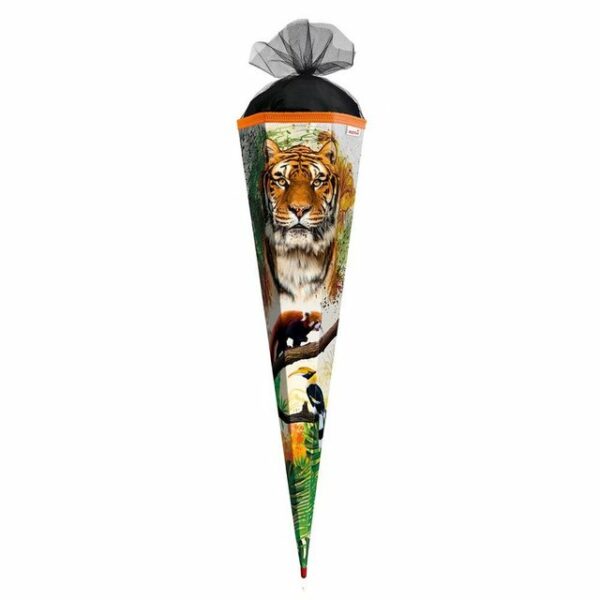 Roth Schultüte Tiger, 85 cm, eckig, mit schwarzem Tüllverschluss, Zuckertüte für Schulanfang