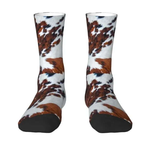 Rustic Cow Faux Fur Skin Leather Men's Crew Socks Unisex Fashion 3D Printed Animal Cowhide Texture Dress Socks