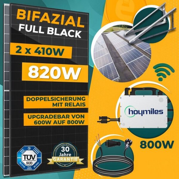 enprovesolar Solaranlage 820W Balkonkraftwerk Komplettset inkl. 410W Bifazial Solarmodule, Hoymiles HMS-800W-2T Upgradefähiger WIFI Wechselrichter, 10M Schuko Stecker und Aufständerung Süd Basis PV-Montage