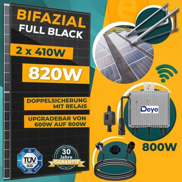 enprovesolar Solaranlage 820W Balkonkraftwerk Komplettset inkl. 410W Bifazial Solarmodule, Neu Generation Deye 800W WIFI Wechselrichter mit Relais, 10M Schuko Stecker und Aufständerung Süd Basis PV-Montage