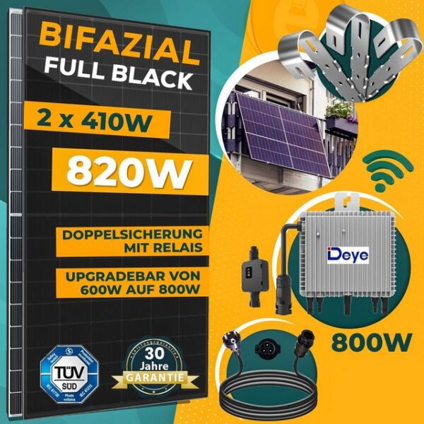 enprovesolar Solaranlage 860W Balkonkraftwerk Komplettset inkl. 410W Bifazial Solarmodule, Neu Generation Deye 800W WIFI Wechselrichter mit Relais, 10M Schuko Stecker und Balkongeländer Eckige PV-Montage