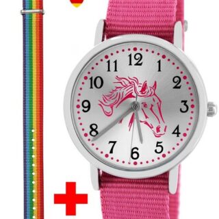 Pacific Time Quarzuhr Kinder Armbanduhr Mädchen Pferd rosa Wechselarmband rosa 10121, + ein Regenbogen Armband - Gratis Versand