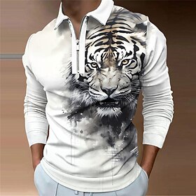 Tiger Herren Casual Print 3D-Reißverschluss-Poloshirt Outdoor Casual Daily Streetwear Polyester Langarm Turndown-Reißverschluss-Poloshirts Gelb Grau Herbstamp;