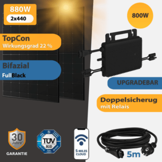 Balkonkraftwerk 880Watt mit HMS 800W Hoymiles Wechselrichter Austa PV Module (AU-108MHDB) Bifazial 440W TopCon Zellentechnologie