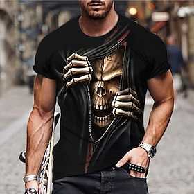 Skull Casual Mens 3D Shirt For Halloween Blue Summer Cotton Men'S Unisex Tee Funny Shirts Graphic Prints Crew Neck Custom Black Green Khaki 3D