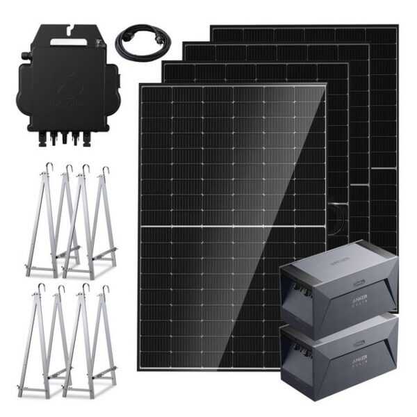 E.For.U Solarmodul Balkonkraftwerk mit Speicher (1720W, 3200Wh), Monokristallin, (Photovoltaik Mini-PV Anlage 2x Solarbank E1600 (1600Wh) und 4x Balkonkraftwerk (430W) Bifazialer Glas-Glas Solarmodule Komplettset, Kostenloses OTA-Update 800W-Mikro-Wechselrichter, 0% MwSt), inkl. 5m Kabel