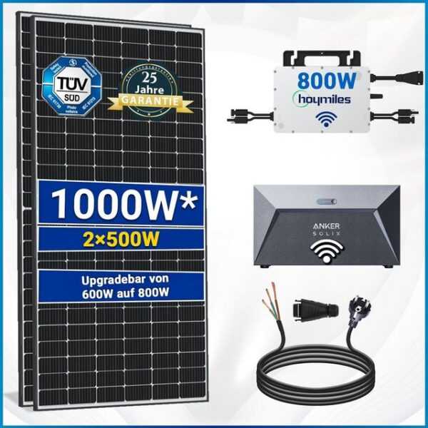 SOLAR-HOOK etm Solaranlage 1000W Balkonkraftwerk Set mit 2x500W Solarmodule, Hoymiles HMS-800W-2T Upgradefähiger WIFI Wechselrichter, Anker SOLIX Solarbank E1600 Solarspeicher und 10m Schukostecker