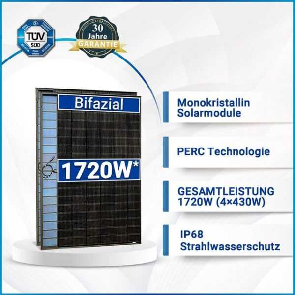 SOLAR-HOOK etm Solaranlage 1720W Balkonkraftwerk Set mit 4x430W Bifaziale Solarmodule, Hoymiles HMS-1600-4T Wechselrichter, Anker SOLIX Solarbank E1600 Solarspeicher und 10m Wielandstecker