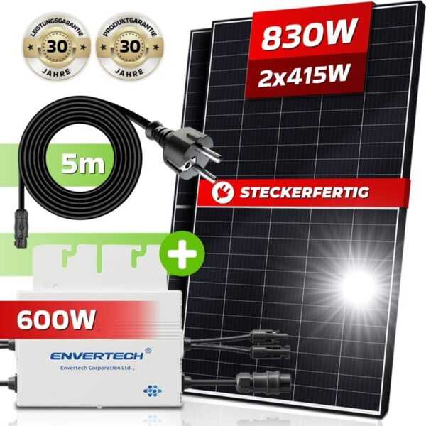 Solaranlage Balkonkraftwerk Set 830 w / 600W, Monokristallin, Envertech Micro Inverter