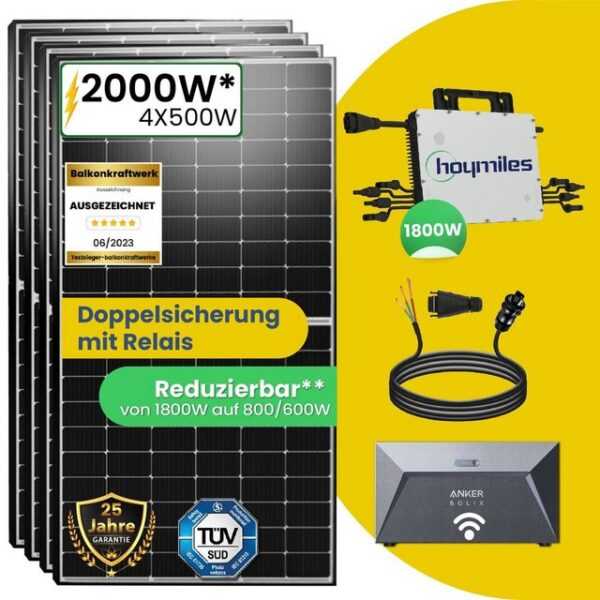 Stegpearl Solaranlage 2000W/1800W Balkonkraftwerk mit Speicher Komplettset Mini-PV Anlage, 2000,00 W, Monokristallin und inkl Anker SOLIX Solarbank E1600 Solarspeicher mit Hoymiles HMS-1800-4T Die Freigabe der Verbindung für 4 Module Wechselrichter Plus 10m Wielandstecker