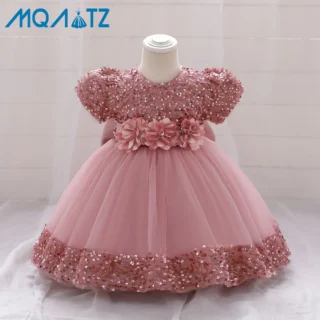 MQATZ Kid Dresses 3D Flowers Print Big Bow Birthday Dress Toddler Baby Girls Children Princess Wed Dresses+Headgear