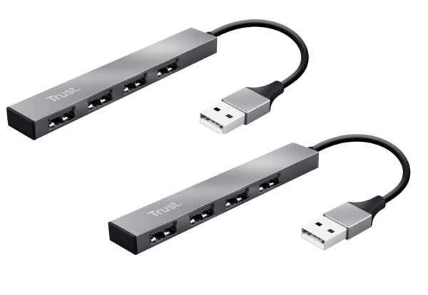 2er Pack Trust Halyx Mini 4 Port USB Hub 2.0, USB-A Adapter Leicht und Kompakt, USB Verlängerung Datenhub, USB Verteiler, USB Splitter für PC, Computer, Laptop, Desktop, Windows - Grau