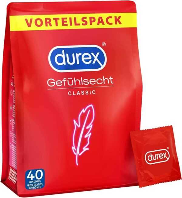 40er Pack Durex Gefühlsecht Classic Kondome - Perfekter Sitz & leichtes Abrollen - Dünn, befeuchtet, transparent, angenehmer Geruch (1 x 40 Stück)