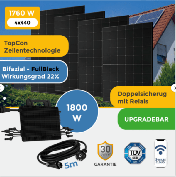 Balkonkraftwerk 1760 Watt mit 4 x Austa PV Module(440Watt Bifazial) + HMS-1800 Hoymiles Wechselrichter.