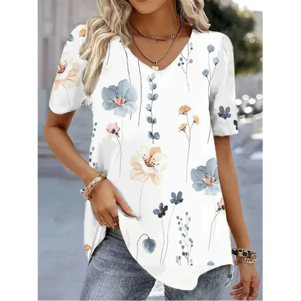 Fashion Woman Blouses 2024 T-shirt Women's 3d Flower Print White Kawaii V-neck T Shirt Female