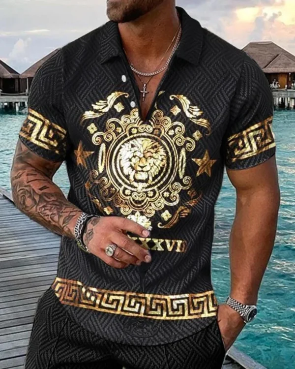 Men's Casual Print Polo Short Sleeve T-Shirt Luxurious Lion 3D Printed Summer Tops