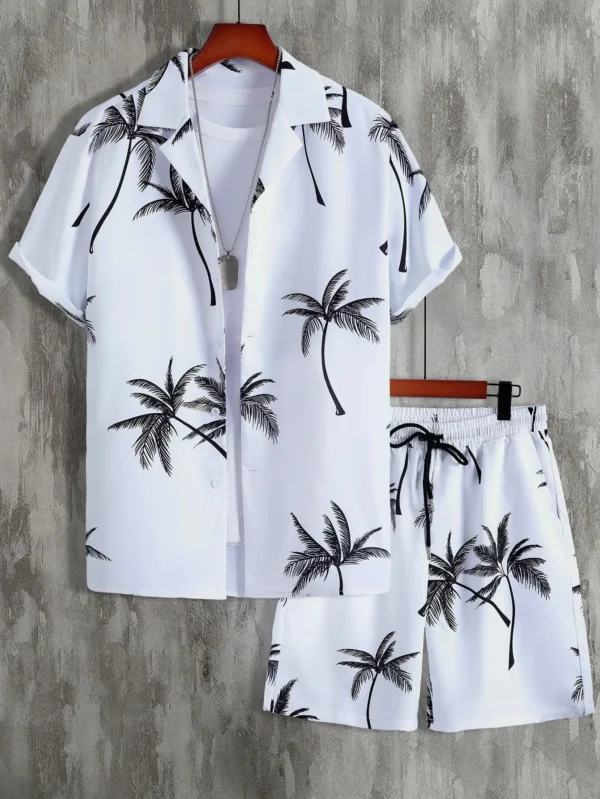 Men's Shirt Sets 3d Print Beach Coconut Tree Plaid Lapel Short Sleeve Casual Shirt Beach Shorts