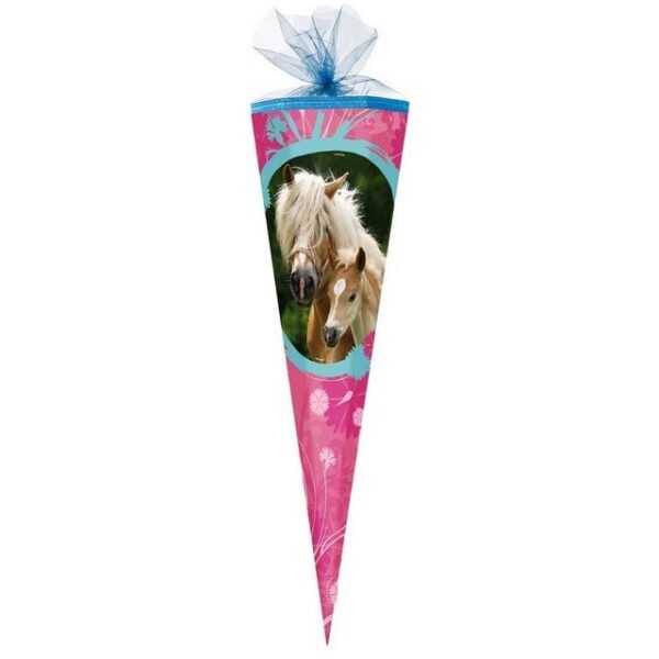 Nestler Schultüte PFERDE ROSA / HELLBLAU, Zuckertüte 85cm (zum Schulanfang / Einschulung)