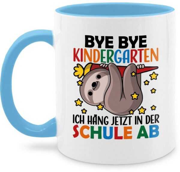 Shirtracer Tasse Bye Bye Kindergarten ich hänge jetzt in der Schule ab mit Faultier - s, Keramik, Einschulung Geschenk Tasse