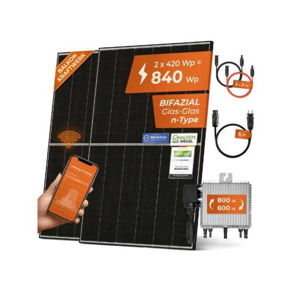 Solarway 840W Balkonkraftwerk 800W Komplett Steckdose - Ausgang einstellbar 600/800W - 2x420W Bifaziale Glas/Glas n-Type JaSolar-Module, Wechselrichter mit APP&WiFi, Plug&Play