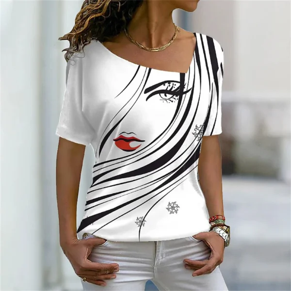 Summer T Shirt V-neck 3d Face Print Women's Tees Y2k Casual Top Ladies Vintage Harajuku Girl