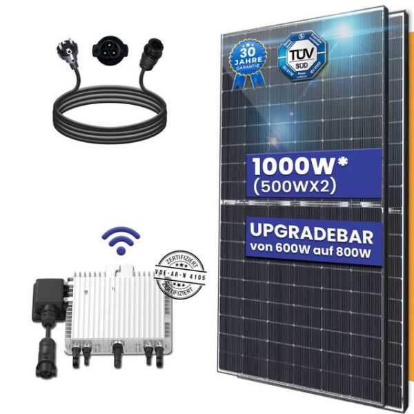 TerraLumen Solaranlage Balkonkraftwerk Komplettset 1000W/800W Bifazial Solarmodule, Monokristallin und Deye WLAN Wechselrichter 800W mit Photovoltaik Solaranlage Plus 10m Schukostecker