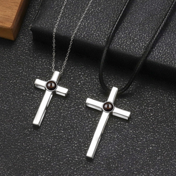 Personalisierte Sterling silver Kreuz Kette mit Foto Projektion[Bonus schwarzen Lederkette]