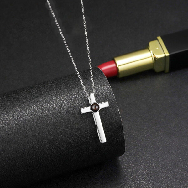 Personalisierte Sterling silver Kreuz Kette mit Foto Projektion[Bonus schwarzen Lederkette]